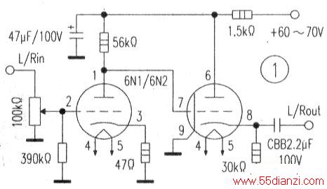 发烧友可以用6n1或6n2制作的价廉质优的胆缓冲器,上图为它的放大电路