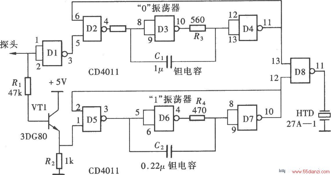 用门电路组成的发声型逻辑笔(CD4011)
