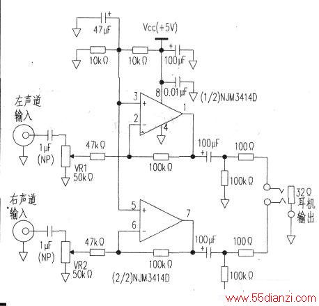 用NJM3414D双运放组成的立体声耳机放大器电路