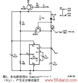 ͼ1·ʹOn Semiconductor NCP1729ѹ任ɫLED D1ĵѹ