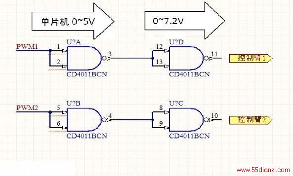 CD4011 ɵդ·ΪƬѹΪ0~5VСʹõH ŵĿƱҪ0V 7.2V ѹʹЧӦȫͨ PWM 0V 5Vʱդ·ѹΪ0V 7.2VǰCD4011 ԴѹΪ7.2VмǣCD4011 ѹŴ֮á֮ΪMC33886 ݡ