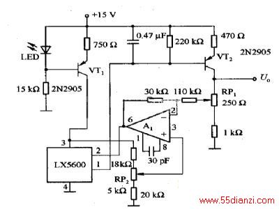 ͼLX5600ȹɵ¶Ƚӿڵ··УLEDVTlɺԴ·ΪLX5600ṩ㶨ĹVT2Ϊ迹ķŴLX5600źŽзŴ;AlΪŴɸ;RP1ڵת;RP2ڵ㡣ѹΪoһ5v¶Ϊ100ʱ