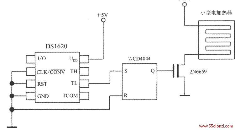 ͼʾΪɴߴнӿ¶ȴDS1620ɵС͵Ŀµ·t<tLʱTLߵƽ1/2CD4044RS1Q=1ʹTMOSЧӦ2N6659ͨС͵ĵԴͨ2N6659UDSO=35V PD=6.25W