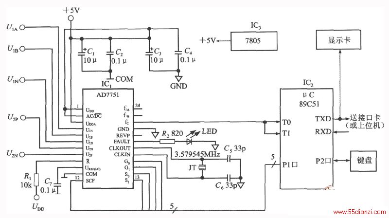 AD775189C51Ƭɵܼϵͳļ򻯵·ͼʾC1C4Ϊ+5VԴݡRǶ˾R1UDDʹR=1λʧЧ3.579545MHzʯӢC5C6ɾ·AD7751ṩʱӡC7ΪUREF(I/O)˵ݡ