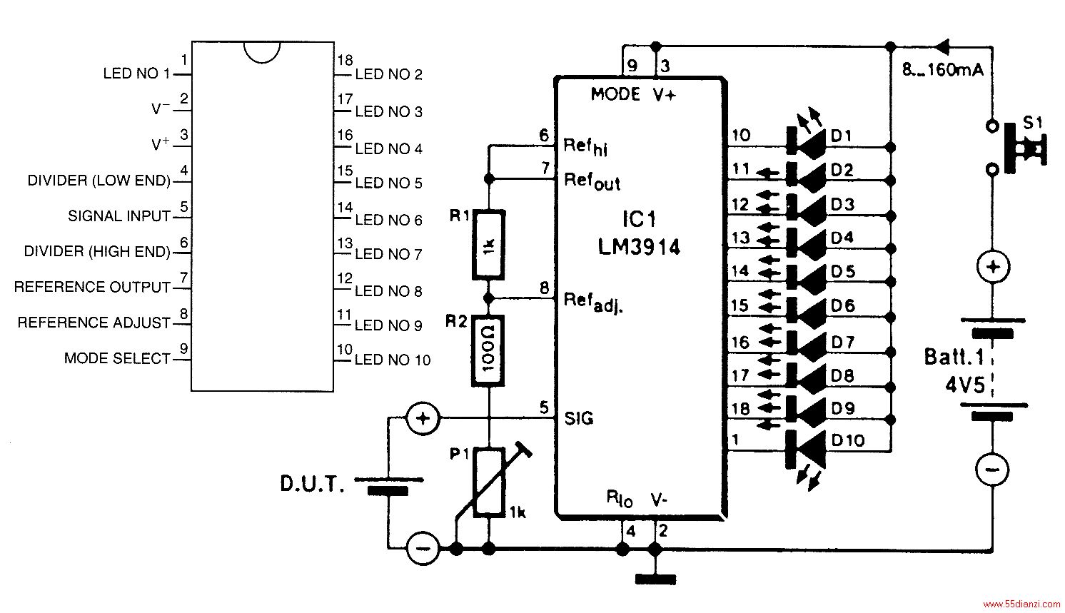 LM3914ALEDΪһصĵѹõ·һ4.5ع粢һڲԵľڲοĵȽϣR1R2P1áΪ˴ﵽЧأDUTӦװһʵĵ衣