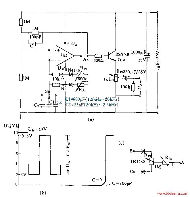 ڵ·תSԸıƵʷΧ20HZ~20KHZλRPlrp2ڸıƵʣҲڸıRP1RP2ͬʱı䣬ıƵʣƱֲ䡣ıһλγɲԳƵ򸺵ľβźšͼbʾһͲΡͼaABCмĵ·ͼc·棬RP1ԸıռձȣRP2ıƵʡRP1ѡ1MRP2ѡ1MڵƵܵõ͸ļ