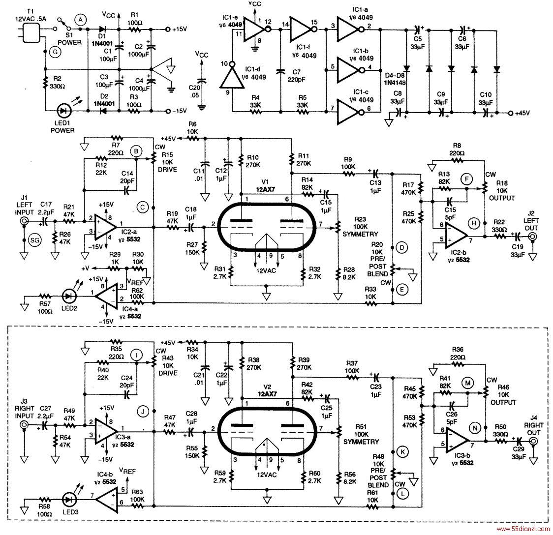 ͼΪͷŴӱѹT1Ϊ벨ͨDlC1C2RI˲ԴΪ+15V15VԴͨD2C3C4R3áͨһѹ๦ǯΪ12AX7ܹӦ弫Դ