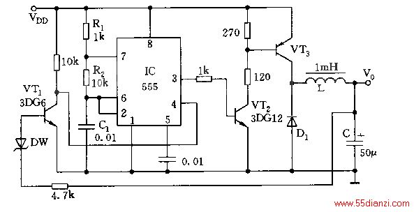 ͼʾ555R1R2C1̬гƵԼ10KHZռձȽӽ50%VT2VT3ΪõĿعʹá񵴷ΪߵƽʱVT2VT3ͨLCŵ磻Ϊ͵ƽʱLеĴܻͨ·ع硣ѹʱDWVT1͵ͨCʵ͵ƽ<0.7V),ʹ555λͣѹͶ̬ƽá