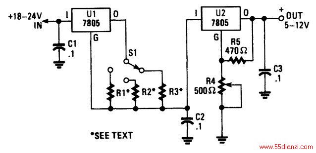 ѹ/ͼʾ7805ɡR1R2R3ӦΪ5V½ѡS1ѡֵеһU1Ҫ5mAζСӦΪ10mAϣR1 =1.25kֵʾ