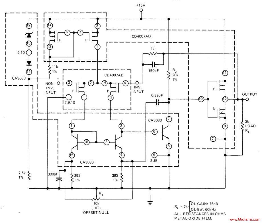 4007 CMOSŷװһCA3083ܷװһṩԼ75dBΪѹŴ50kHzƵȡתʴ30V/sУʱ2psֻҪһ+15VĵԴͿˡ