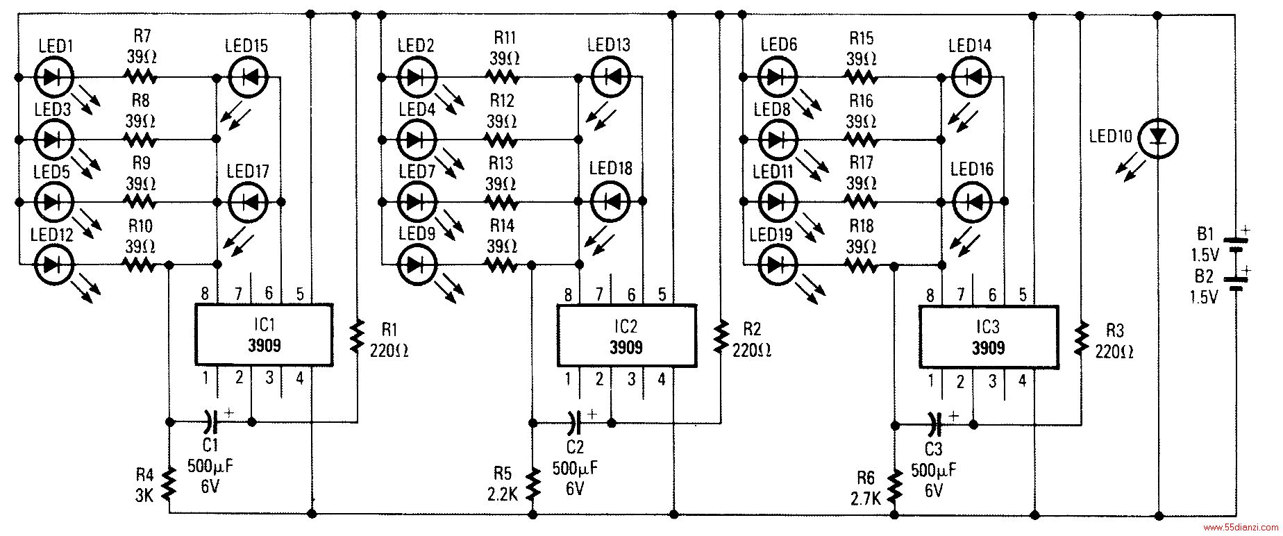 ʹLM3909 LED/·һα˳C1/R4, C2/R5C3/R6ӿ˸ʣ0.30.8֮䣬׼ݹеĹΧ(-20%+80%)