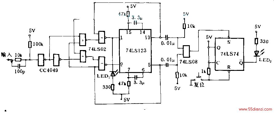 ·Ӧͨ߼ԻĶ⣬ͣߵص㣬ʺϡ15Vҵźš̽ͷΪ1̬ʱ˫ȵ·74LS123ĸˣ1Ϊ͵ƽLED1һʱ95䣬LED1Լ20msİʱ䡣Ϊ0̬ʱLED2ʹLED120msʱ74LS123ģ135̽ͷ۳ʱһ74LS74ӶLED2Ծм书ܡ74LS123ģ231011Ӹߵƽ