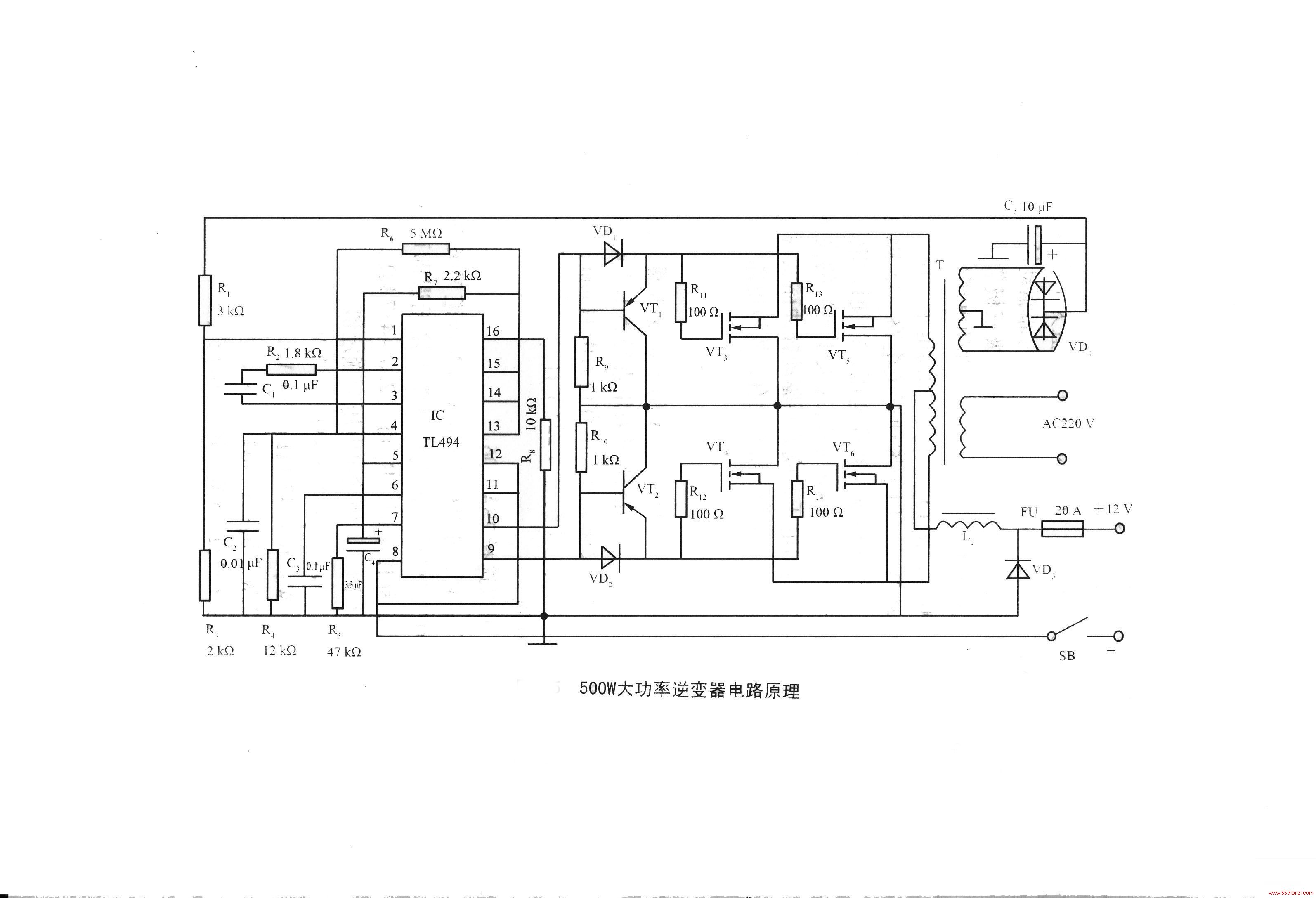 ͼΪ500Wʱѹ·ԭ·TL494ΪVT1VT6ΪΪ500WĴ·TL494ڸеӦ÷£12ŹѹȡŴ·fμ15VֱѹΪȡѹR1R3ѹʹ1ʱн4756Vȡѹ25VĻ׼ѹ14ѹʱ1ŵѹͣŴ͵ƽͨTL494ڲ·ʹѹߡ