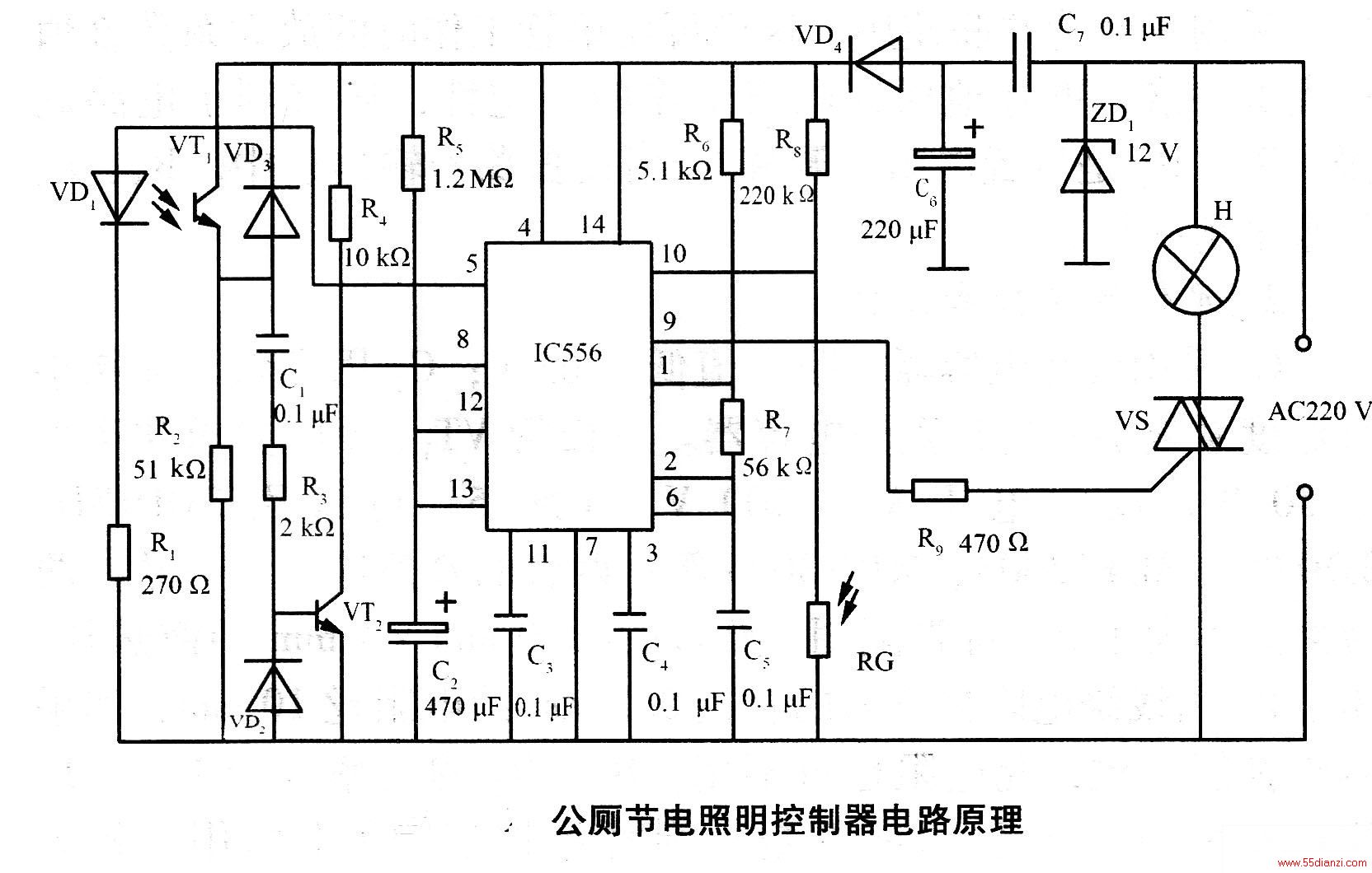 ͼΪ޽ڵ·ԭͼNE556һ˫ʱɵ·еһʱ·IC1R6R7C5VD1һƵΪ1 kHzĺⷢ·IC15ɵƺⷢVD1塣VT1R2C1VT2ɺաתʹ·NE556еһʱ·IC2R5C2R8RGȻƵʱص·