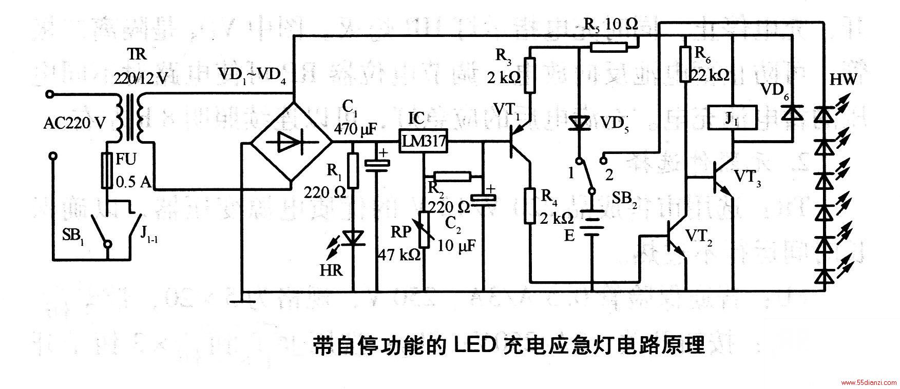 ͼΪͣܵLEDӦƵ·ԭͨԴ󣬱պһοSB1ָʾHRʱǷ磬VT1ķ伫ѹڻѹVT1ضϣVT2Ҳ֮ضϣVT2ļ缫ƫֵR6ṩߵλѹʹVT3̵ͨJ1ϣJl-lպ翪ʼEѹ108 VʱVT1ɹضתΪͨVT2Ҳ֮ͨVT2ĵͨʹ缫λ½VT3ʧȥͨĵѹضϣJ1ʧͷţԴϿֹͣ,ͬʱָʾHRϨͼVD5Ǹܣɷֹطŵ磬ڵλRPʹ·Բͬѹس硣Ӧƣ8hҡ