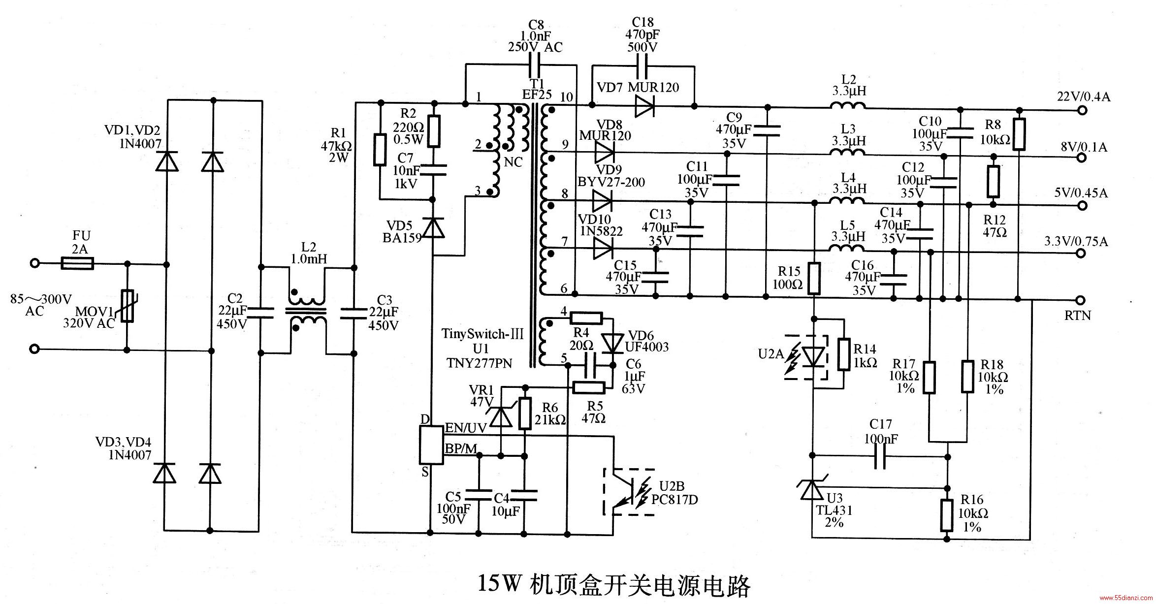 ͼΪ15WпصԴ·ö·صԴгɫĽʣ·ȨѹCECԴ֮2008ԹģʽЧʵҪҪΪ681ɴﵽ77عĵͣ230V ACʱС150mWClSPR22EN55022BEMIƵҪ󣬲ԶƵĶ·ܡ