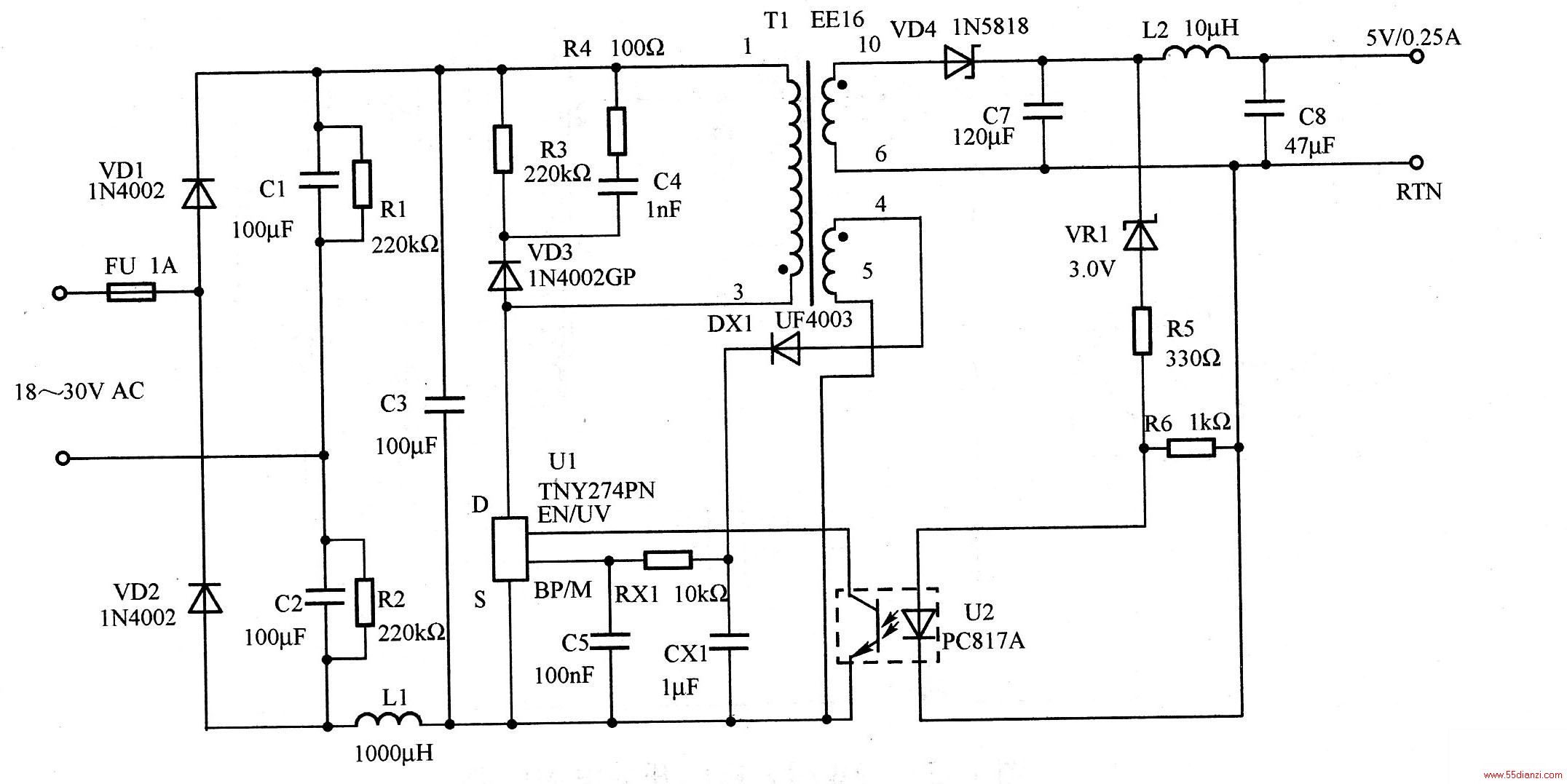 ͼΪ1.25W5VصԴ·ͼVD1VD2C1C2뱶ѹACбѹC1C2C3ԽϴֵȷDCѹ50V
