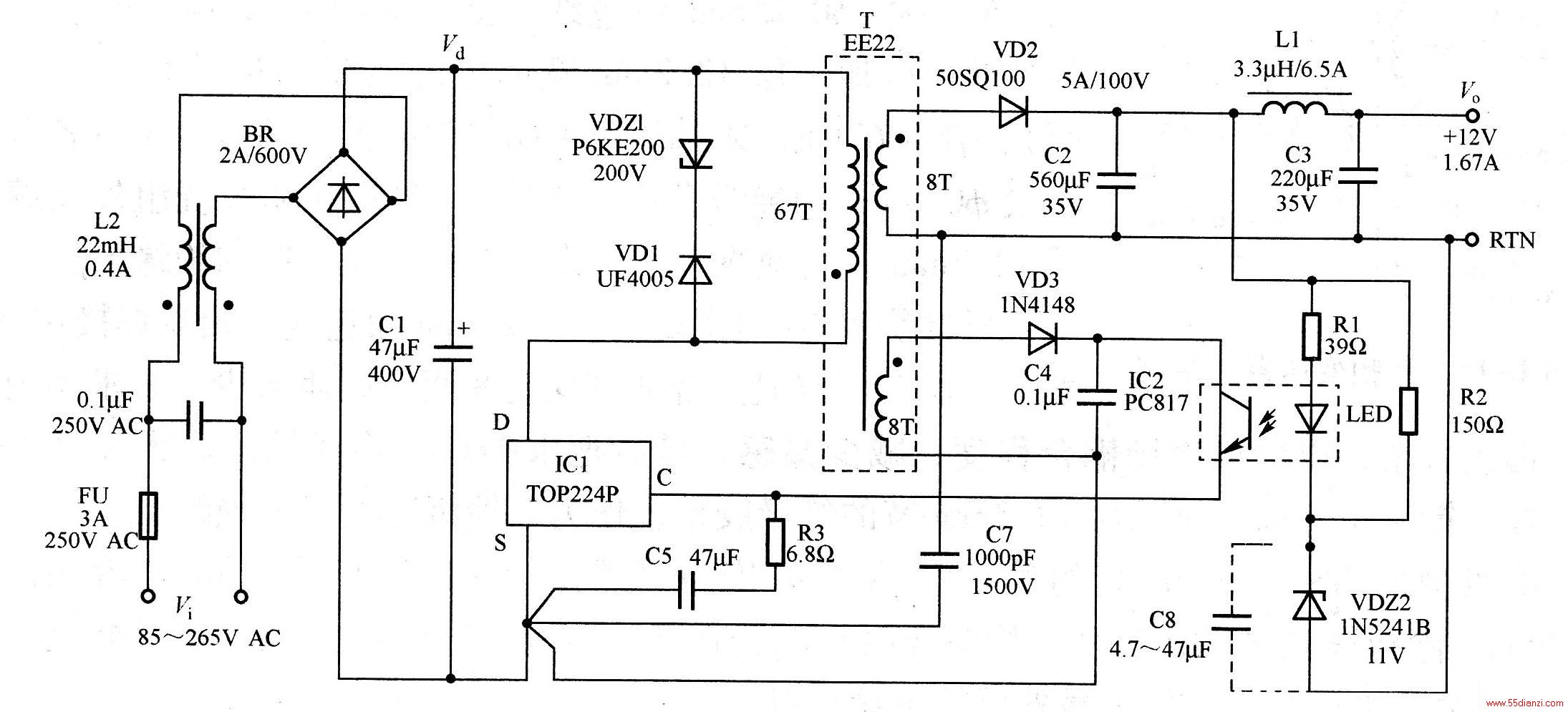 ͼΪ20W12VصԴ·ͼõ·УԴBRC1˲ֱѹVdƵѹĳ鹩硣VDZ1VD1ܽ©вļѹǯλȫֵ˥ѹVDZ1÷ѹΪ200V˲̬ѹP6KE200VD1ѡ1A600VĳָUF4005ѹμѹͨVD2C2uC3˲12VѹõѹֵVDZ2ѹֵLEDѹR1ϵѹ֮趨ġıƵѹȺVDZ2ѹֵɻѹֵR2VDZ2Ϊ12Vṩһٸأʱĸصʡ
