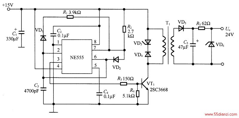 ͼǲNE555ɵĸѹԴ·УR1R2VT1ͨ/ʱ䣬R1R2ʱNE5553ӦռձΪ50%ľβʵVTtĽֹЩٺҪ΢VT1ͨʱR2C3ֹʱR1C3ѹΪߵƽʱʱt1͵͵ƽʱŵʱt2Ϊf10.693R2C3st20.693R1C3s