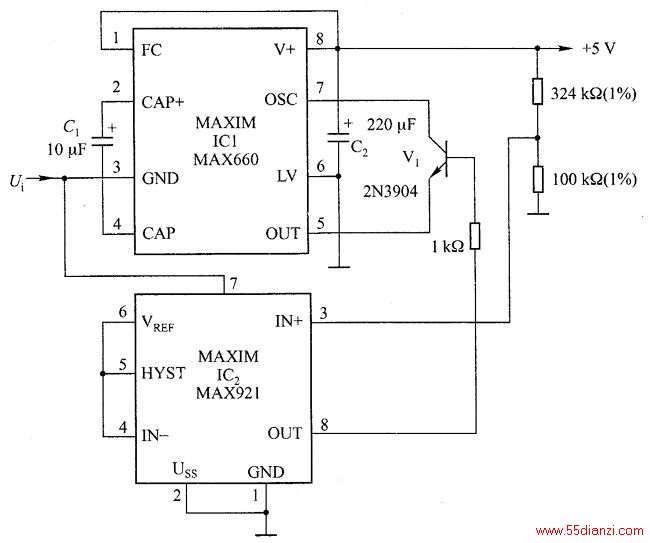 ͼʾMAX660MAX921ƬICɡIC45kHzԽɴC1䵽C2ѹ˵ѹѹȡIC2 3ŵINˣUit1.18VʱIC2бȽѹ8ţҲߣعV1ͨICOSC7ţӵأֹͣ񵴡ıֵʹòκεѹֵΪƻ·ҪʱãIQUpppHYSTIN趨ʱΪ㡣ͨ幦ʾٴαźŹصڿԴʹC2ѹԸ5Vֵ