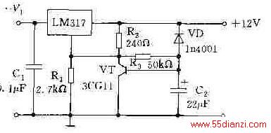 ͼǲLM317ɵ·ͨ˲C2ϵĵѹͻ䣬VTR2R3ƫö͵ͨʹR1·൱LM317ĵ˽ӵءԴΪ1.25VC2ʱӳѹͼԪﵽѹʱΪ3sVDǹضϵԴʹC2ϵɺܿͷű֤´ο