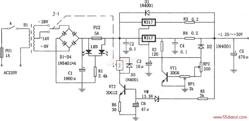 ԴLM317ΪѹӦл·ѹĸߵԶлѹԼСѹѹ͵ԴĹġVT2VD5VWR5R6C10̵KӦл·ѹVo14VʱVWѹֹ޵ͨVT2ֹK䴥K-1ڳ״̬ѹĴμ14Vѹ·֮ѹ14VʱVWVT2ͨKõ磬K-128Vѹѹ·Ӷ֤ѹ15V·ѹΪ1.2530VɵΪ3A