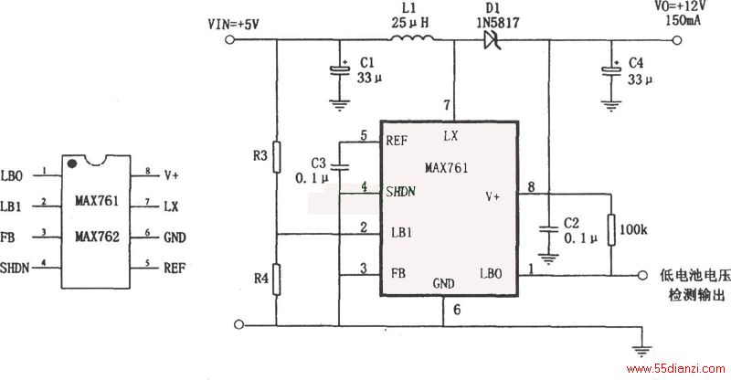 Ч͹ѹֱ任MAX761ͼֻΧԪɵ+5V+12VѹԴصǣ任ЧΪ86̬Ϊ110Aе͵صѹ⹦ܣͼR3R4ǵصѹѹ裬һɰ鹫ʽR4=R3VTPIP/1.5-1㣬VTPIPΪⴥѹ