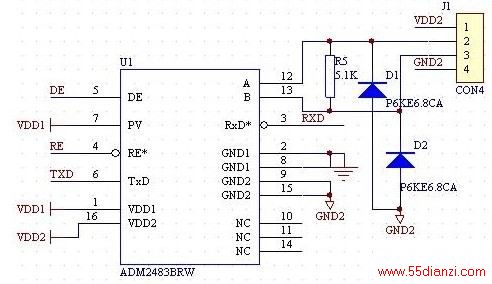 ADM2483RS-485 ӿоƬȣ˴Ÿ뼼ҪһⲿDC/DCԴɡADM2483Ӧõ·ͼ3ʾ·οӦãΪ豸ϵͳȫѡӦʩTVS ȵȡ