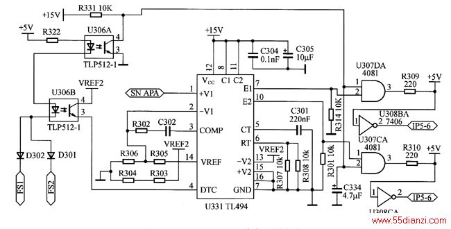 ͼTL494ƵPWMƵ·оƬ5ź6ӵR301͵C301ȷTL494ݲƵʣf1.1/RTCT)=25KHz