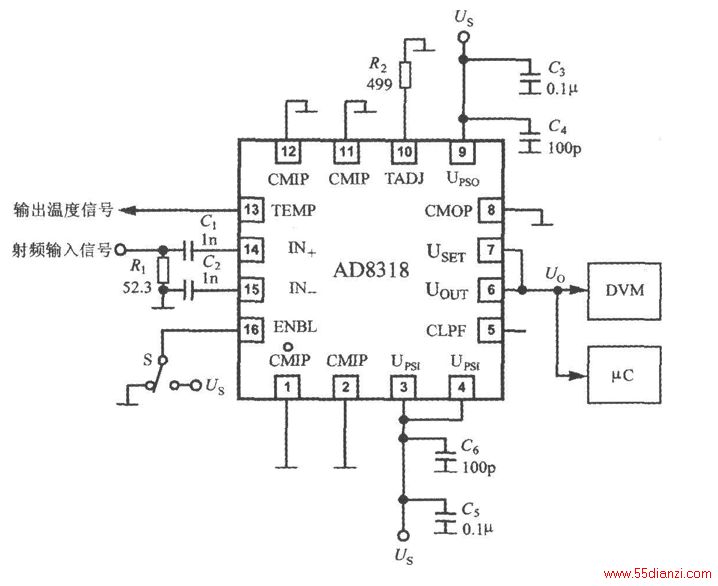 AD8318ĵӦõ·ͼʾAD8318רΪߴ8GHzƵʶƵģ˱IN+IN-֮估ܵԪ·ľԵҪAD8318ԴUPSIUPSOͬĵѹUPSIΪ·ṩƫõѹUPSOΪUOUT˵ĵṩƫõѹAD8318ڲһЩĹءCMOPĹءйӦӵ迹ӡưԴѹΧ+4555VC3C6ΪԴݣӦԴź͵ءAD8318ýϡ뷽ʽźƵΪ1MHz8GHzʱIN+IN-˵ϵ(C1c2)ɲ04021nFװʽƬݣϵӦIN+IN-šⲿR1(52.3)IN+ϣṩһ㹻50ƥ迹AD8318ѹֱ͸ֵѹ(DVM)ADתĵƬ(C)ҪʹAD8318ڹ״̬ENBL˱뾭Sɸߵƽ(Us)ENBL˽ӵʱAD8318ʹģʽʱԴ260A