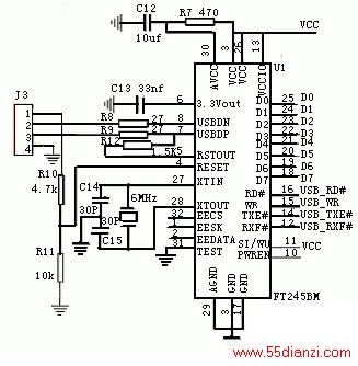 ͼʾFT245BMUSBFPGAĽӿڵ·FPGAѡALTERA EPF1K50TC-144D0~D7FT245BMFPGAݵߣUSB_RD#USB_WRUSB_TXE#USB_RXF#صĿߡ