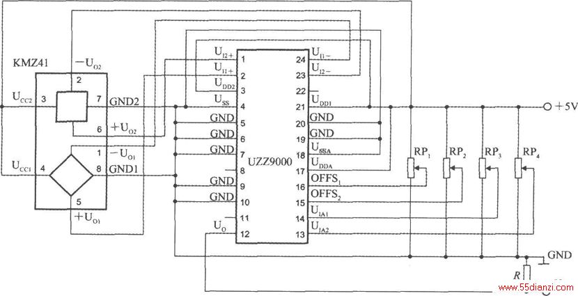 UZZ9000KMZ41ɵĵѹʽǶȼ·ͼʾ+5VԴRP1RP2ΪʧѹڵλRP3RP4ΪڵλRΪ˵衣ѹֵѹʾǶֵ