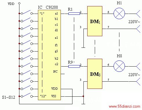 װӦõ·ԭͼʾһֻʾIC CH208һɵ·CH208ˡ112İͿʾӦ֡һCH208ʾ112֣CH208ɿӦãͿʾλˡӦʱԲb2c2ʶΣ0ʾʱͰS10ʾ0ͬʾK11K12ÿλ10ֹֻ̬DMÿʶοǧߵĵȺɡ