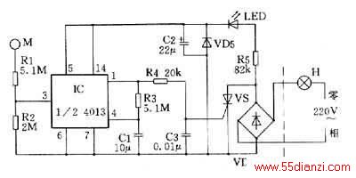 ʽʱص·ͨ·ǵӿز֡VD1VD4VSɿص·ICɿؿƻ·ƽʱVSڹض״̬ƲVD1VD4220Vֱ羭R5VD5ѹC2˲Լ12Vҵֱ繩ICʹáʱLED⣬ָʾλãҹѰҿء ICΪ˫DֻһDӳɵ̬·̬ʱ1͵ƽVSضϡִһµ缫Mʱй©R1R2ѹʹ̬·ת1ߵƽR4ӵVSżʹVSͨƵʱ1ߵƽR3C1磬ʹ4ŵƽֱ̬·̬1ͻΪ͵ƽVSʧȥѹʱضϣϨ