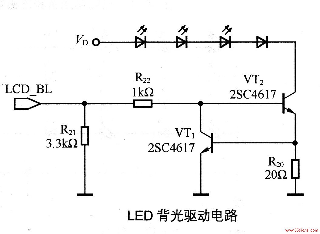 ڸõ·,VdΪTFTLCD⹤ֱѹСLCDṩĹơVT1VT2һԴ·VT1VT2ڷŴ״̬VT2ʱڻR22ʹVT2ķ伫ﵽֵΪLEDͨСVT1ĿǷVT2ĻڷR20ͿԿLEDĵͨVT1ʹﵽȶ
