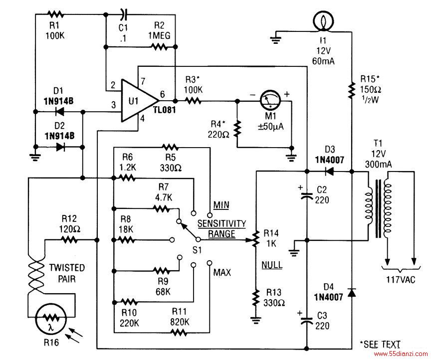 ǱM1һ50AǱ˶U1ģU1һR3TL081ЧӦŴR1R2U 1ó11C1U1Ƶ1.6Hz·ĵԴһ׵˫12VԴT1D3D4C2C3ɣ