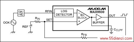 Figure 3. Circuit showing the MAX9930 RF-detecting controller in an OOK application.