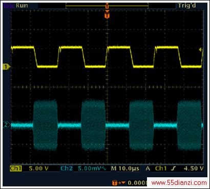 Figure 4. Response of the MAX9930 RF-detecting controller to the RF input signal with a modulation frequency of 10MHz, a 40kbps data rate, and a -40dBm OOK signal. REF is set at 500mV. Output digital bits are shown in yellow, and the input RF signal is blue. 