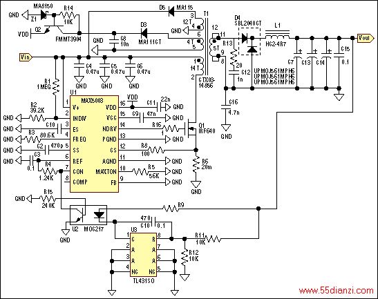 Figure 1. Schematic diagram of 48V in and 5V out @ 10A isolated power supply.