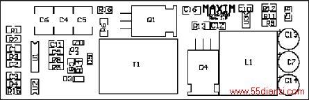 Figure 12. Component placement of the FWD0510 power supply; note that Q1 and D4 are placed on the bottom side, where their metal tabs are exposed to the heatsink plate.