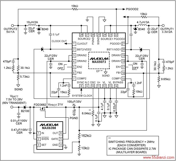 图 6. MAX5073 2MHz buck转换器配合MAX6398保护开关的典型电路,该设计具有高性能以及较高的抗干扰能力。